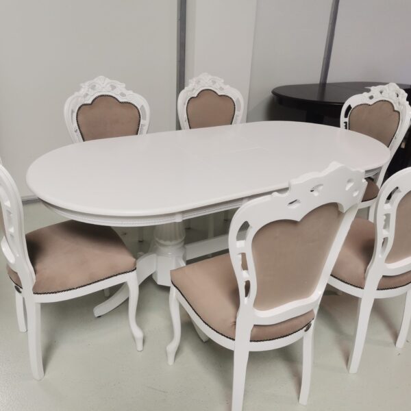 Set lux masa alba extensibila 150/190/90/77 h + 6 scaune tapitate bej