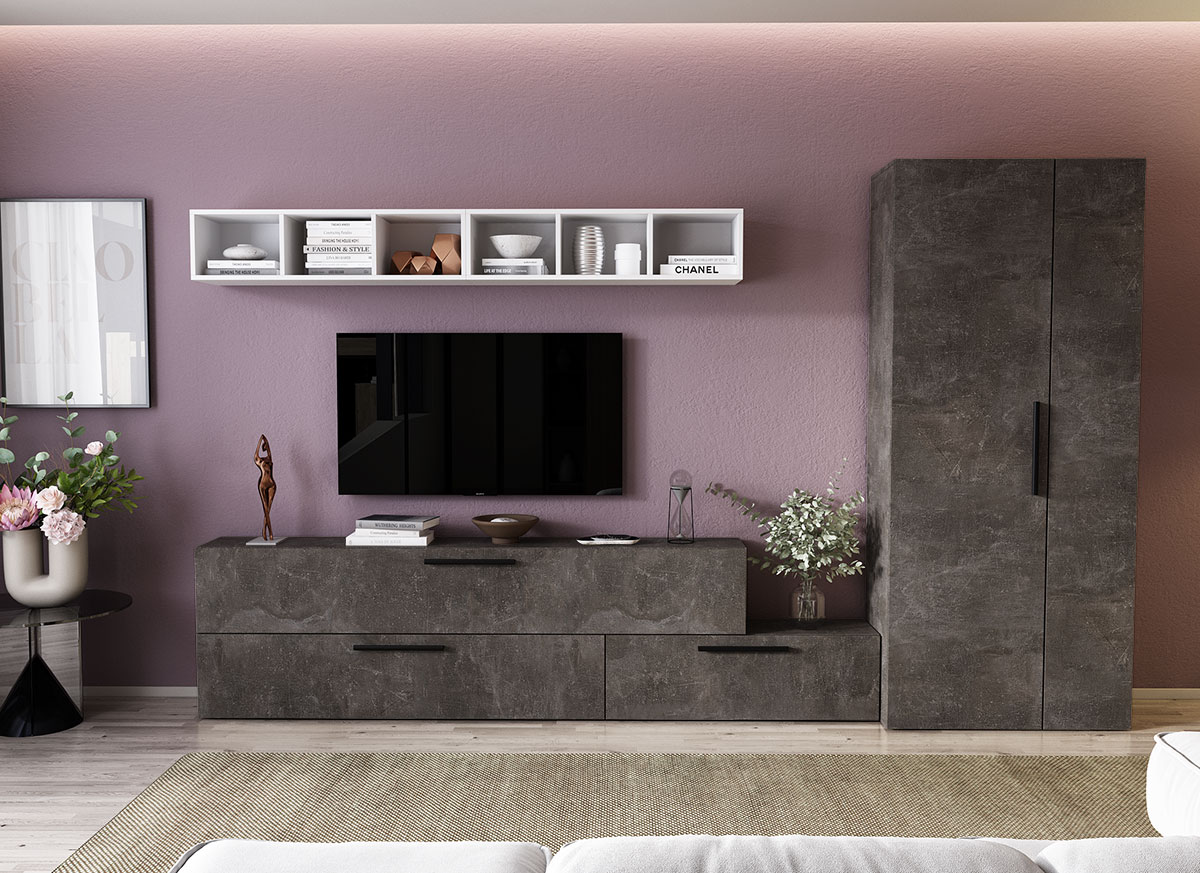 Living Pati 107 - Mobila Sufragerie Gri Beton + Alb