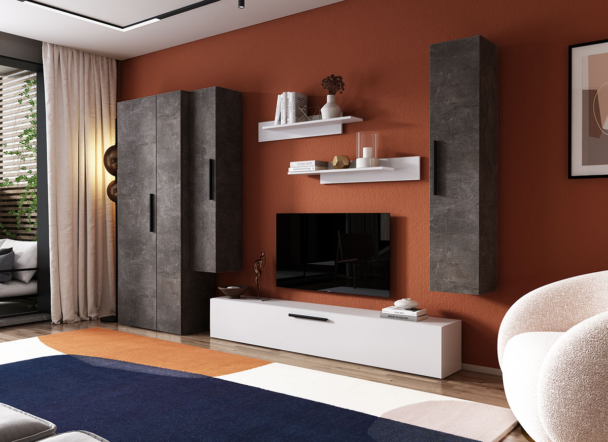 Living Pati 131 - Mobila Sufragerie Gri Beton + Alb