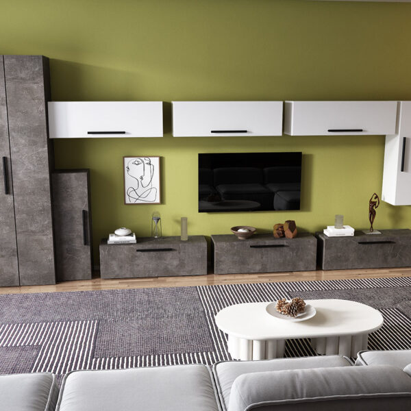 Living Pati 141 - Mobila Sufragerie Gri Beton + Alb