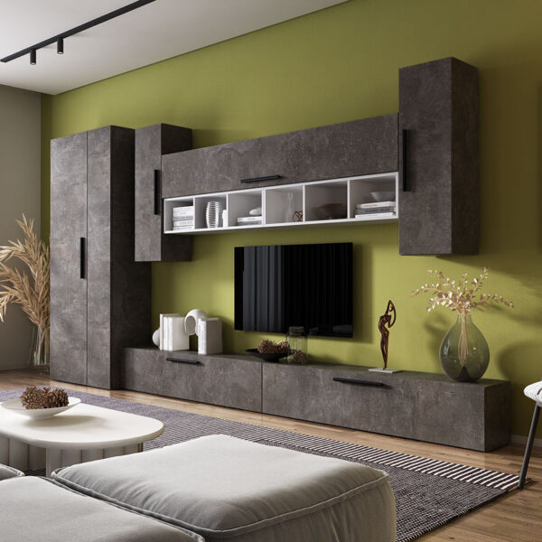 Living Pati 143 - Mobila Sufragerie Gri Beton + Alb