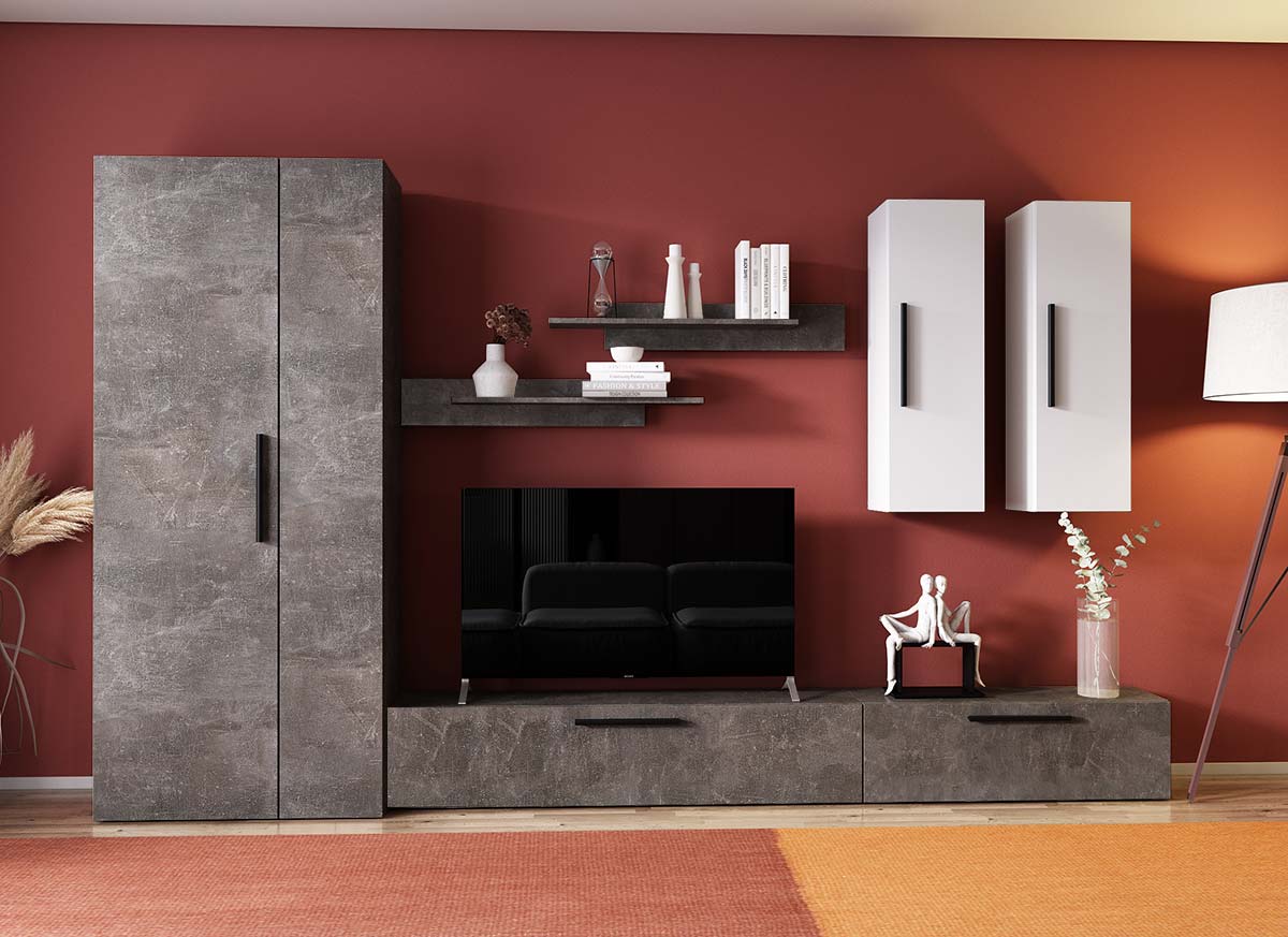 Living Pati 165 - Mobila Sufragerie Gri Beton + Alb