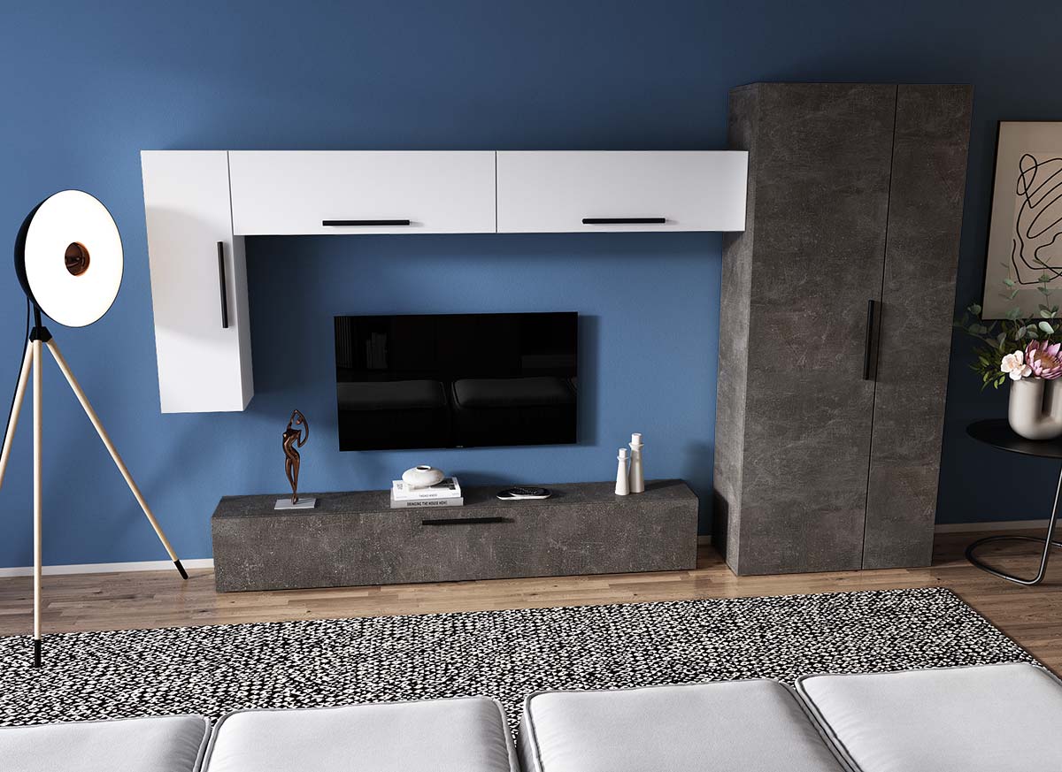 Living Pati 177 - Mobila Sufragerie Gri Beton + Alb