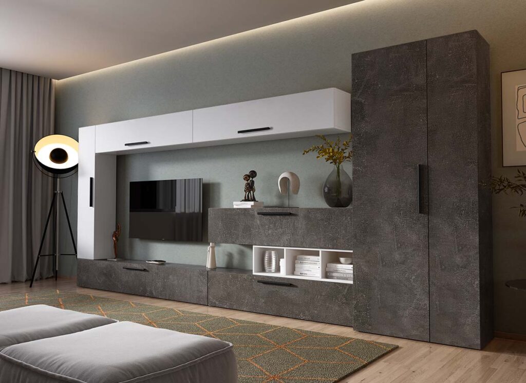 Living Pati 217 - Mobila Sufragerie Gri Beton + Alb