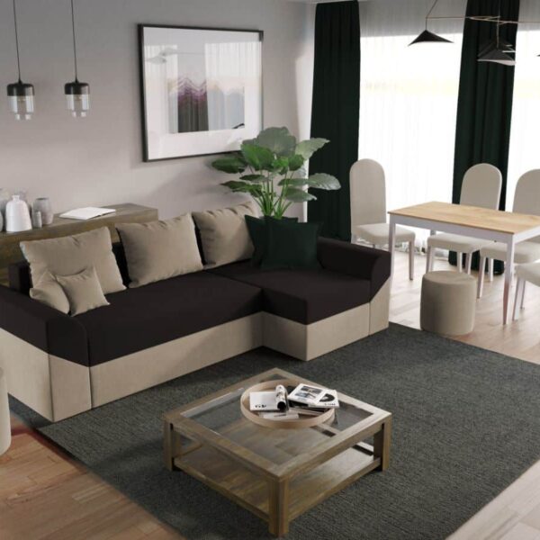 Pachet Mobila Coltar Cali Crem/Maro + Masa Grand Stejar Auriu + 4 Scaune Grand Crem