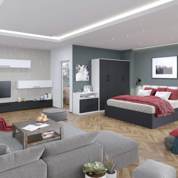 Pachet Mobila Dormitor + Living Gri Antracit / Alb