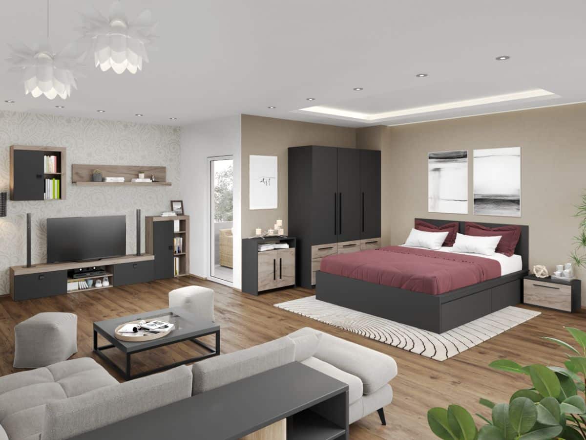 Pachet Mobila Dormitor + Living Gri Antracit / K02 Pachet Mobila Dormitor + Living Gri Antracit / K02