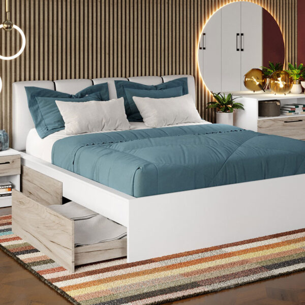 Pat Alb + Stejar K02 Tapitat optional lada de depozitare 160x200 4 sertare