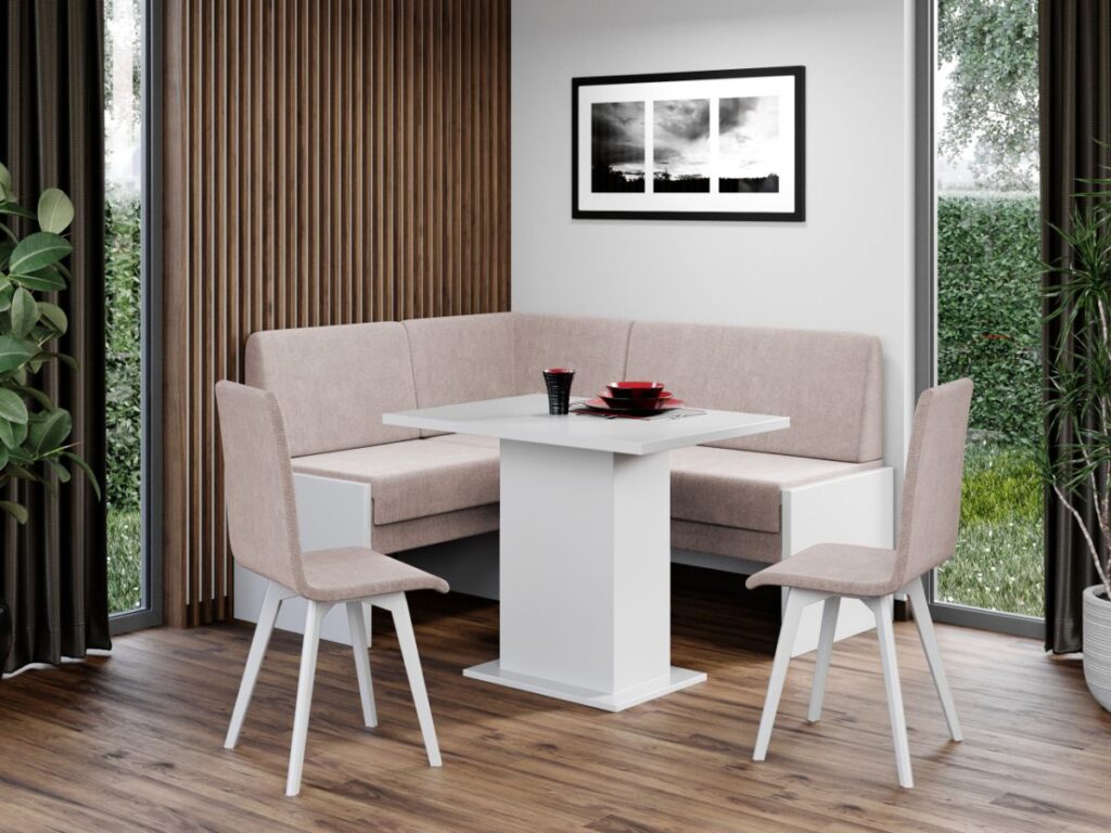 Set Coltar de Bucatarie Smart Rino 6/Pal Alb + Masa + 2 Scaune