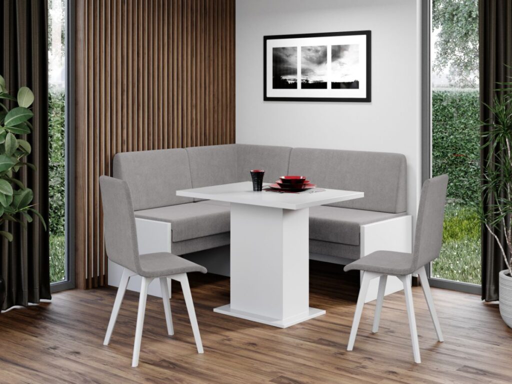 Set Coltar de Bucatarie Smart Rino 88/Pal Alb + Masa + 2 Scaune