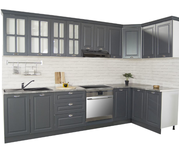 Set Mobila Bucatarie pe Colt cu soft-close si fronturi MDF, Badenmob, seria Square, 300140 antracit, montaj reversibil