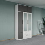 Dulap dormitor Alb-Gri 3U cu oglinda+suprapozabil - Madrid