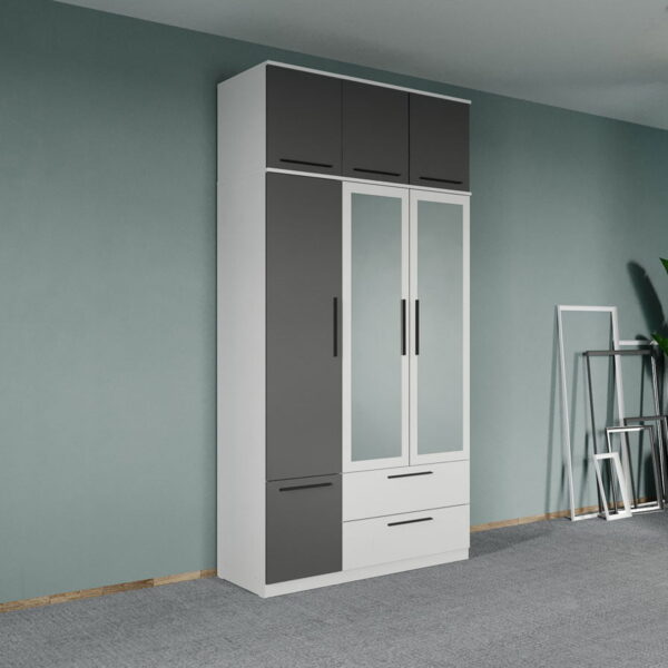 Dulap dormitor Alb-Gri 3U cu oglinda+suprapozabil - Madrid