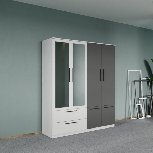 Dulap dormitor Alb-Gri 4U cu oglinda - Madrid