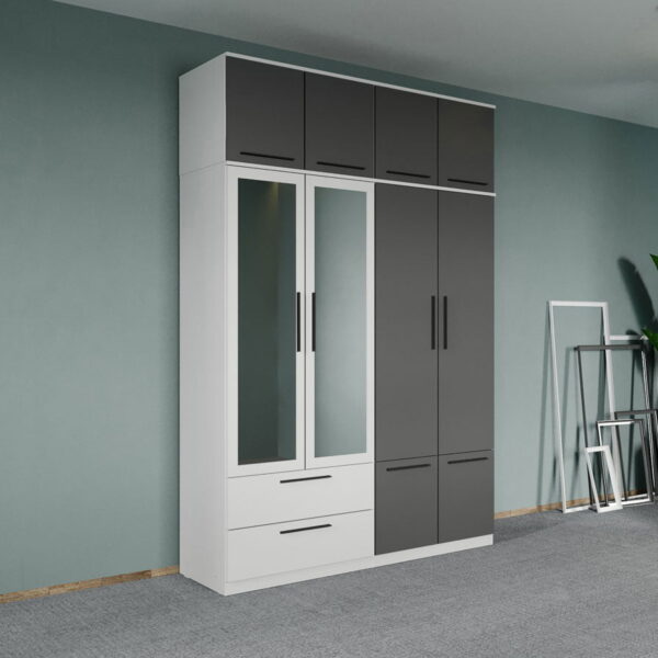 Dulap dormitor Alb-Gri 4U cu oglinda+suprapozabil - Madrid