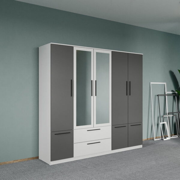 Dulap dormitor Alb-Gri 5U cu oglinda - Madrid