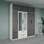 Dulap dormitor Alb-Gri 5U cu oglinda+suprapozabil - Madrid