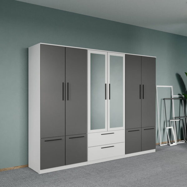 Dulap dormitor Alb-Gri 6U cu oglinda - Madrid