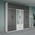 Dulap dormitor Alb-Gri 6U cu oglinda+suprapozabil - Madrid