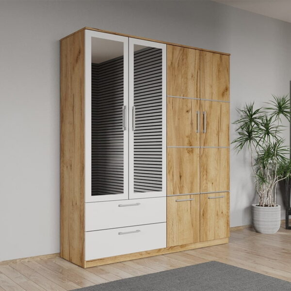 Dulap dormitor Stejar Auriu-alb 4U cu oglinda - Acapulco