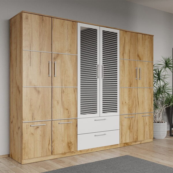 Dulap dormitor Stejar Auriu-alb 6U cu 2 oglinzi - Acapulco