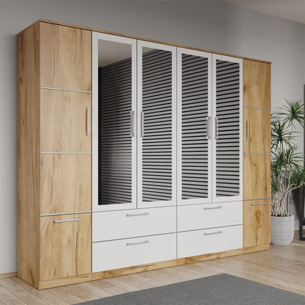 Dulap dormitor Stejar Auriu-alb 6U cu 4 oglinzi - Acapulco