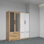 Dulap dormitor Stejar+Alb 4U cu oglinda - Madrid