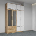 Dulap dormitor Stejar+Alb 4U cu oglinda+suprapozabil - Madrid