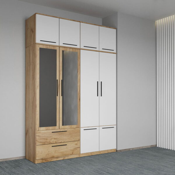 Dulap dormitor Stejar+Alb 4U cu oglinda+suprapozabil - Madrid