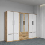 Dulap dormitor Stejar+Alb 6U cu oglinda - Madrid