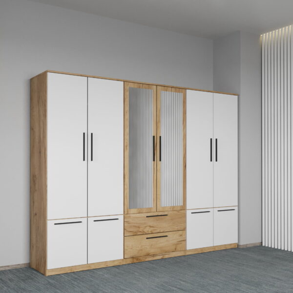 Dulap dormitor Stejar+Alb 6U cu oglinda - Madrid