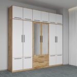 Dulap dormitor Stejar+Alb 6U cu oglinda+suprapozabil - Madrid