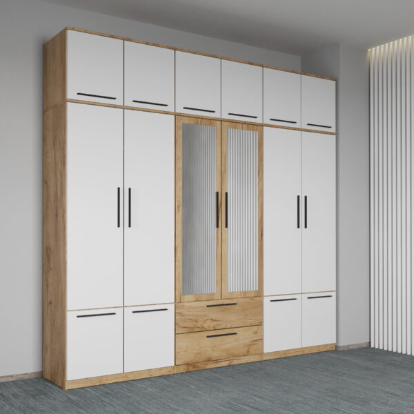 Dulap dormitor Stejar+Alb 6U cu oglinda+suprapozabil - Madrid