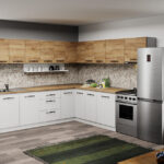 Mobila Bucatarie pe colt alba cu lemn Aroma - 36 - 260x260 cm