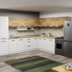 Mobila Bucatarie pe colt alba cu lemn Aroma - 39 - 320x260 cm