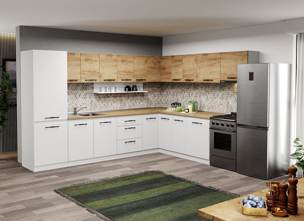 Mobila Bucatarie pe colt alba cu lemn Aroma - 39 - 320x260 cm