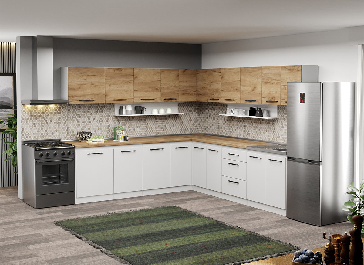 Mobila Bucatarie pe colt alba cu lemn Aroma - 44 - 260x280 cm