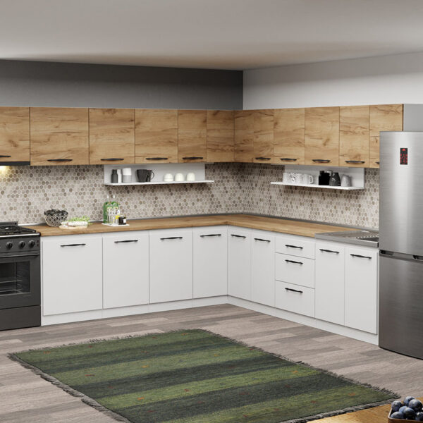 Mobila Bucatarie pe colt alba cu lemn Aroma - 45- 320x280 cm