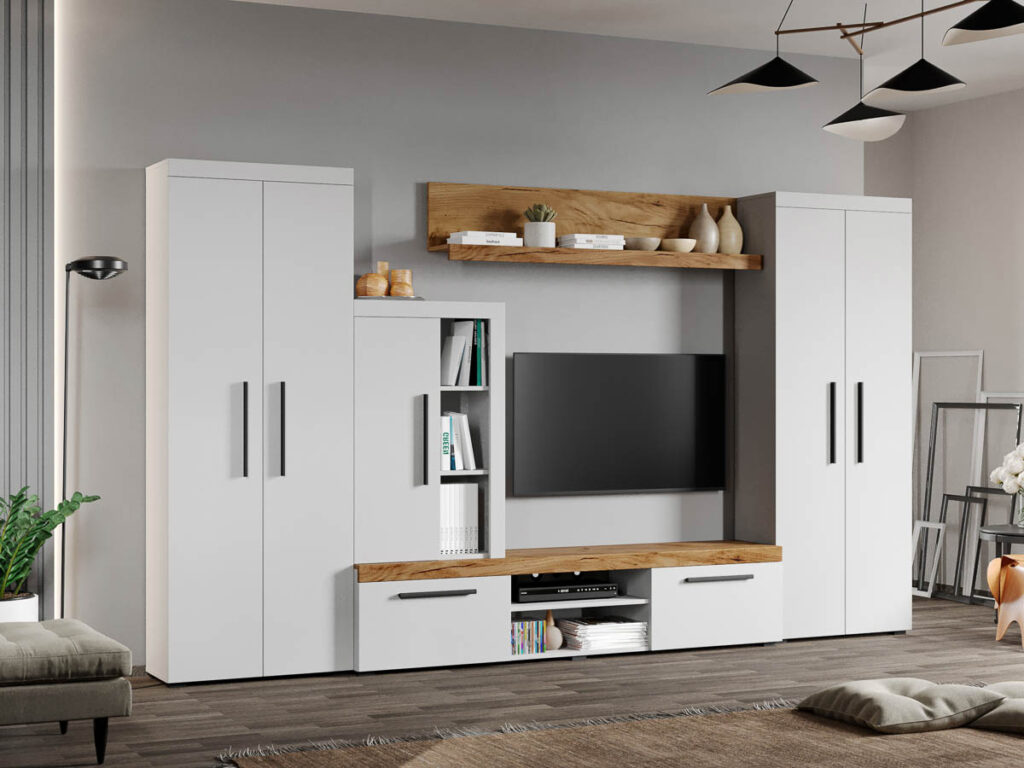 Set Mobilier Living Alb cu Stejar Auriu-Olaf-C02