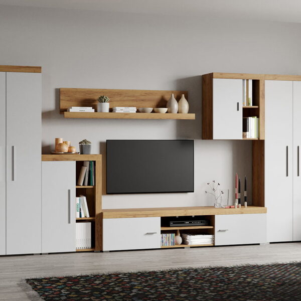 Set Mobilier Living Alb cu Stejar Auriu Sam-C14