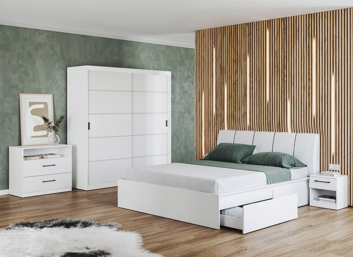 Set dormitor alb pat tapitat - Blanco - Configuratia 12 Set dormitor alb pat tapitat - Blanco - Configuratia 12