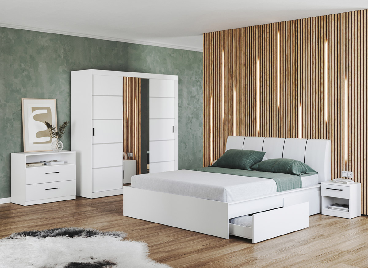 Set dormitor alb pat tapitat - Blanco - Configuratia 4 Set dormitor alb pat tapitat - Blanco - Configuratia 4