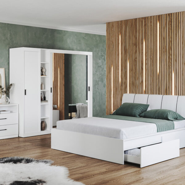 Set dormitor alb pat tapitat - Blanco - Configuratia 6