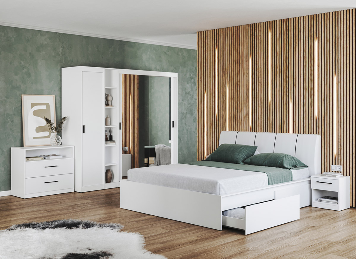 Set dormitor alb pat tapitat - Blanco - Configuratia 6 Set dormitor alb pat tapitat - Blanco - Configuratia 6