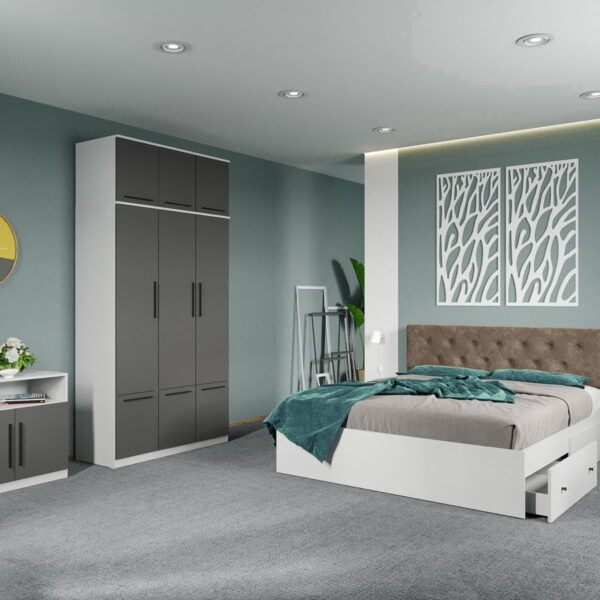 Set dormitor complet Alb-Gri cu comoda - Madrid - C102