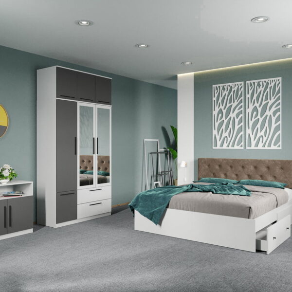 Set dormitor complet Alb-Gri cu comoda - Madrid - C104