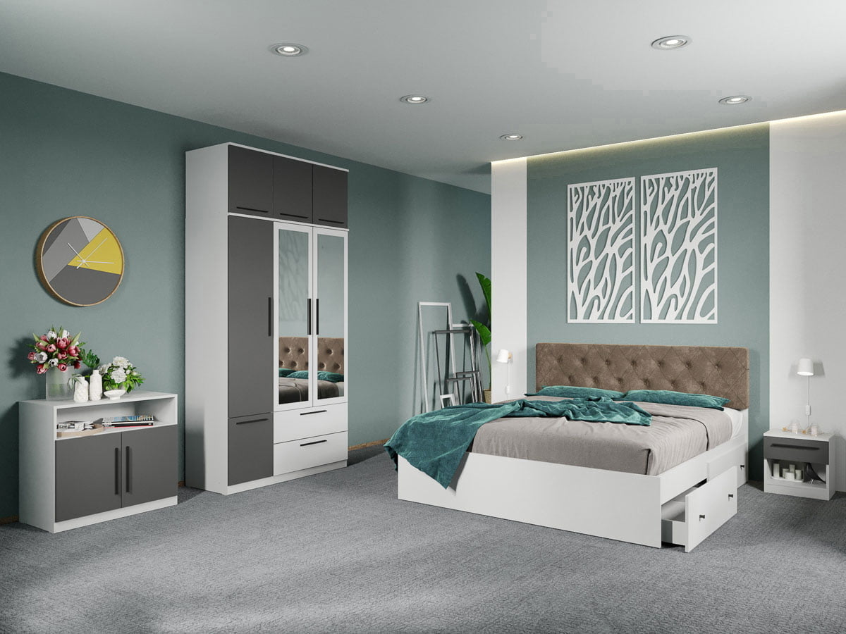Set dormitor complet Alb-Gri cu comoda - Madrid - C104 Set dormitor complet Alb-Gri cu comoda - Madrid - C104