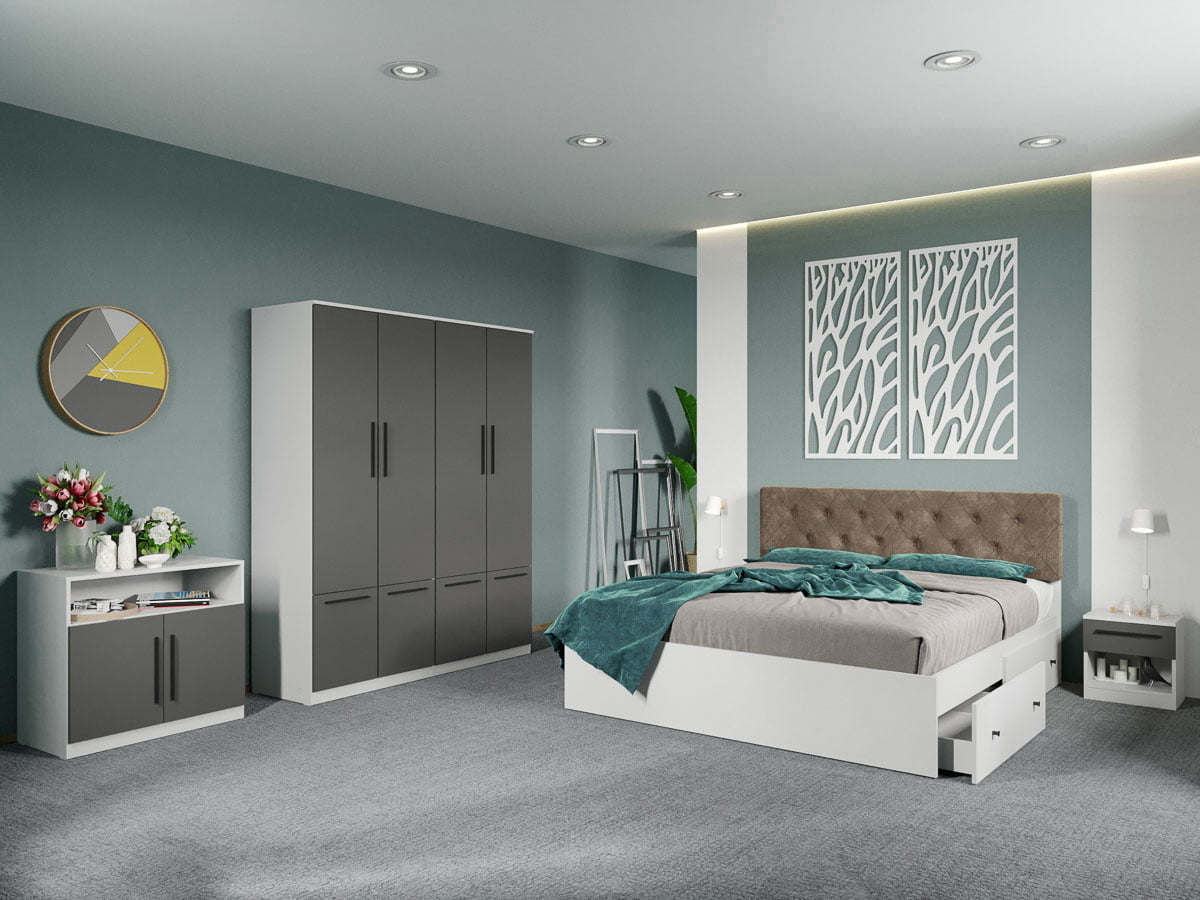 Set dormitor complet Alb-Gri cu comoda - Madrid - C106 Set dormitor complet Alb-Gri cu comoda - Madrid - C106