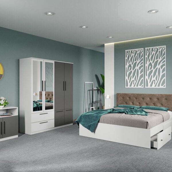 Set dormitor complet Alb-Gri cu comoda - Madrid - C108