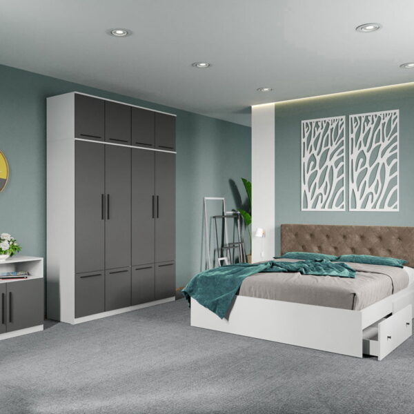 Set dormitor complet Alb-Gri cu comoda - Madrid - C110